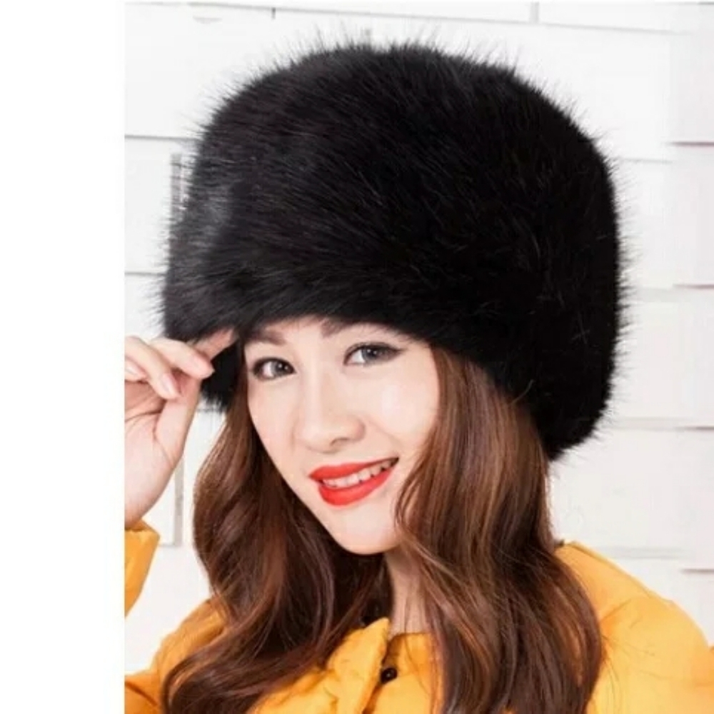 Black Luxury Faux Fox Fur  Russian Toque Hat
